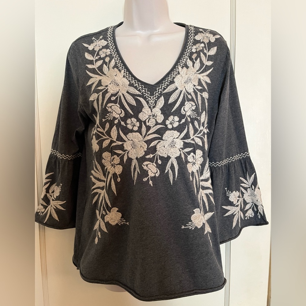 Johnny Was Embroidered Floral Grey Top with Trumpet Sleeves